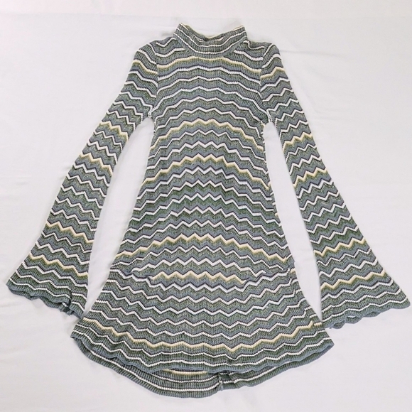 Free People Green Blue Yellow Knit Keyhole Back Ziggy Zig Zag Sweater Dress - Picture 2 of 10